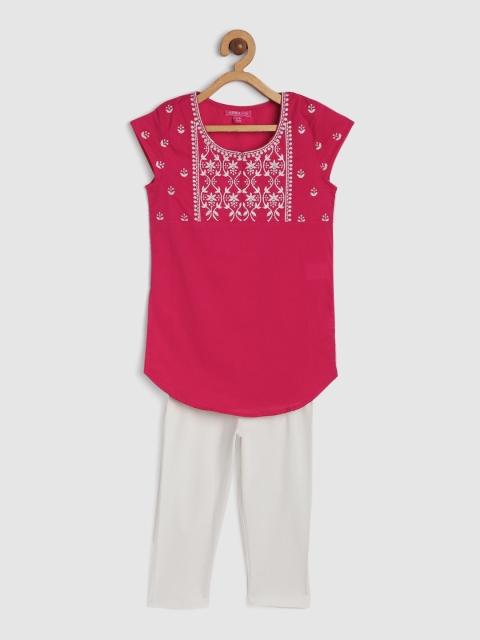 

Biba Girls Pink Embroidered Regular Pure Cotton Kurta with White Salwar