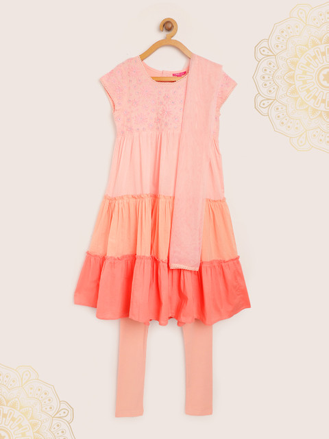 

Biba Girls Pink & Peach-Coloured Embroidered Tiered Kurta with Churidar & Dupatta