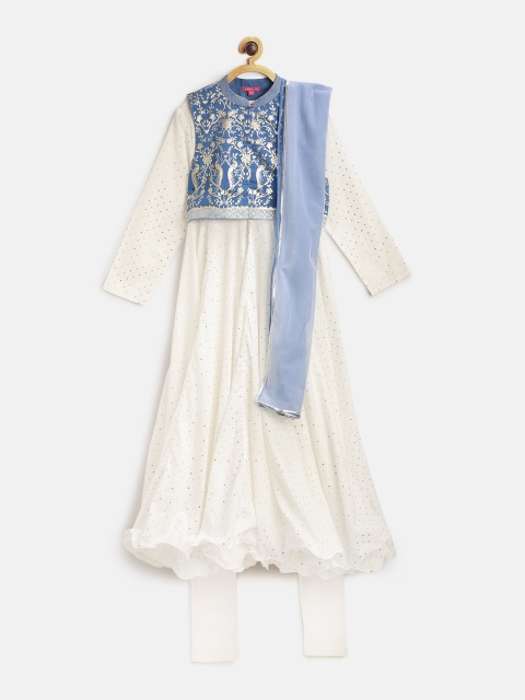 

Biba Girls Off-White & Golden Geometric Print Anarkali Cotton Kurta with Churidar Dupatta