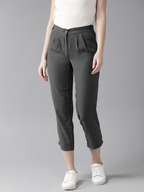 

Hubberholme Women Charcoal Grey Slim Fit Solid Regular Cropped Trousers