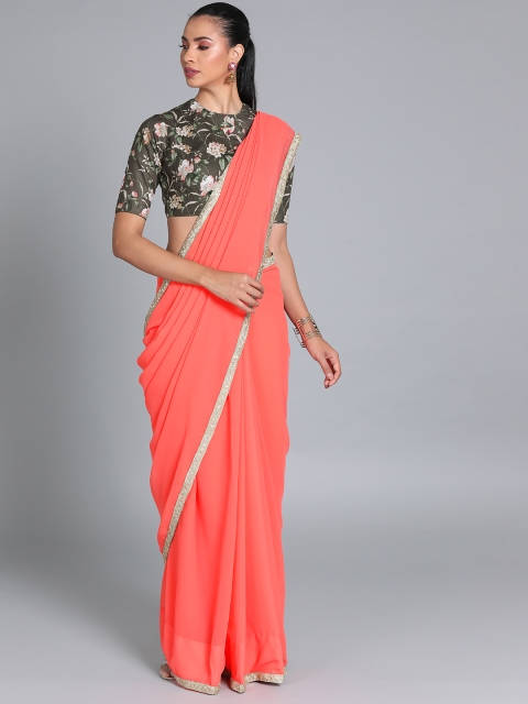 Peach-Coloured & Grey Made To Measure Poly Georgette Solid Saree