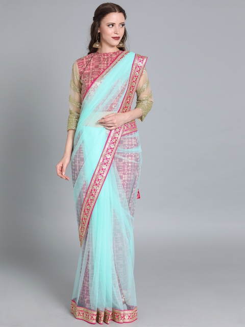 

EthnoVogue Blue & Pink Net Made To Measure Solid Saree