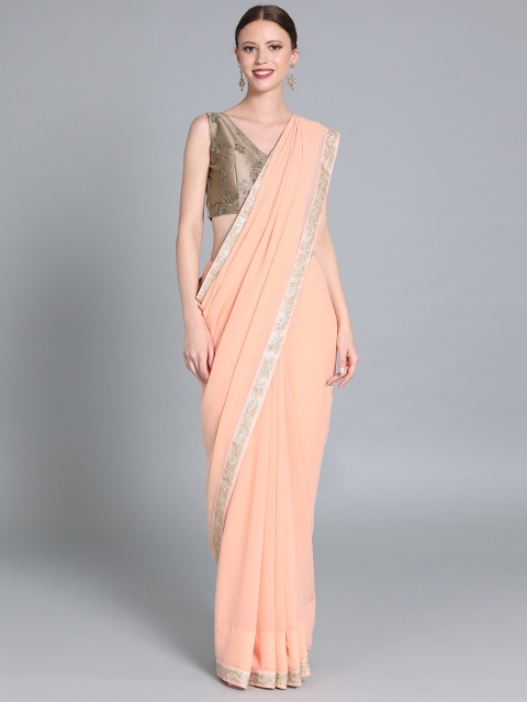 Peach-Coloured & Grey Made To Measure Embellished Saree