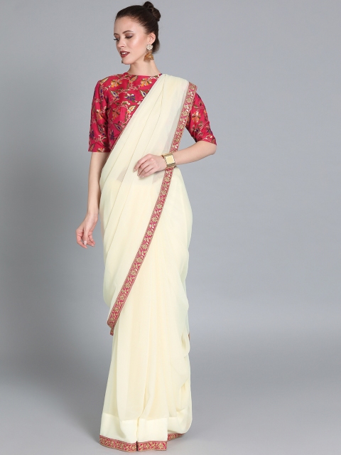 

EthnoVogue Off-White & Magenta Poly Georgette Solid Made To Measure Saree