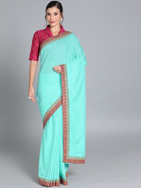 

EthnoVogue Sea Green & Pink Art Silk Solid Made To Measure Saree