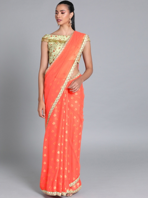 

EthnoVogue Peach-Coloured & Green Poly Chiffon Woven Design Made To Measure Saree