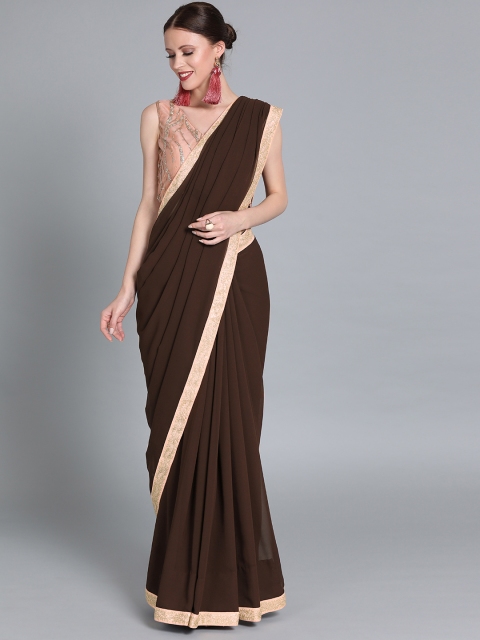 

EthnoVogue Brown & Pink Made To Measure Poly Georgette Solid Saree