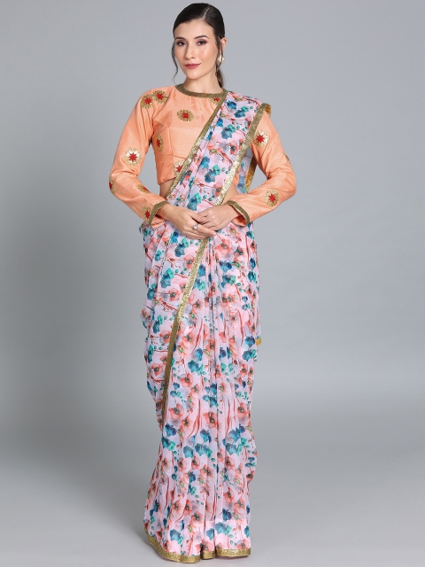

EthnoVogue Off-White & Peach-Coloured Poly Georgette Printed Made To Measure Saree