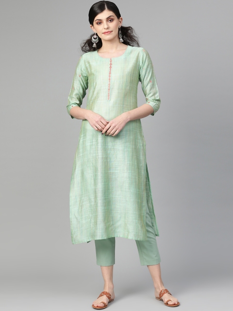 

Varanga Women Green & Blue Self-Striped Straight Kurta