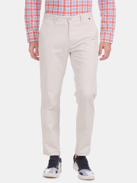 Men Beige Slim Fit Solid Regular Trousers