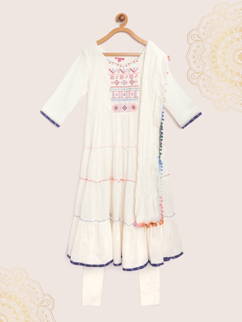 

Biba Girls Off White Yoke Design Tiered Pure Cotton Kurta with Leggings & Dupatta