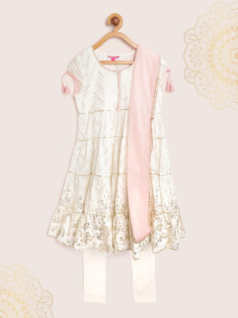 

Biba Girls Off White & Golden Printed Tiered Anarkali Kurta with Leggings & Dupatta
