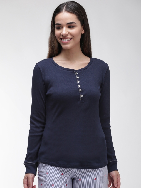 

Marks & Spencer Women Navy Blue Solid Henley Neck T-shirt