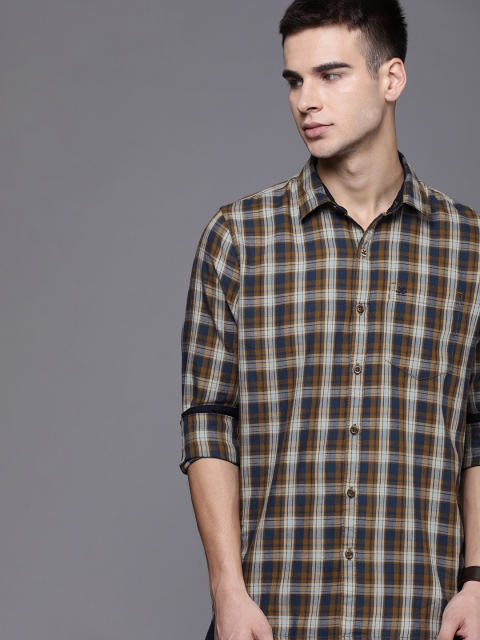 

WROGN Men Mustard Yellow & Navy Blue Slim Fit Checked Casual Shirt