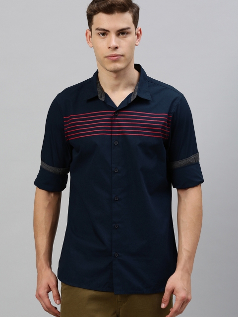 

WROGN Men Navy Blue & Red Slim Fit Striped Casual Shirt
