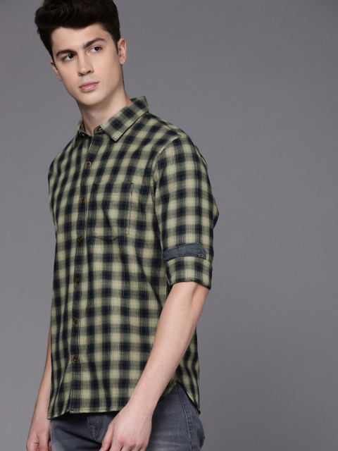 

WROGN Men Khaki & Navy Blue Slim Fit Checked Casual Shirt