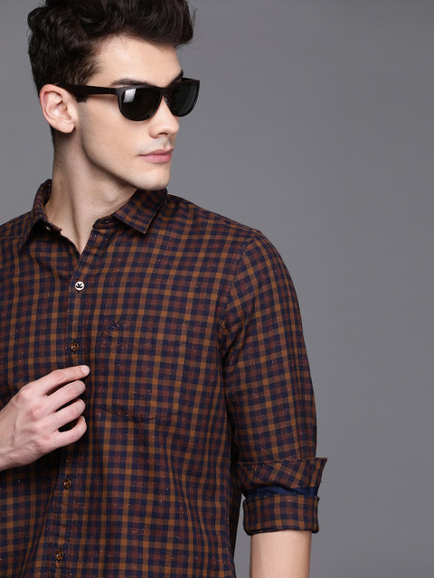 

WROGN Men Navy Blue & Orange Slim Fit Checked Casual Shirt