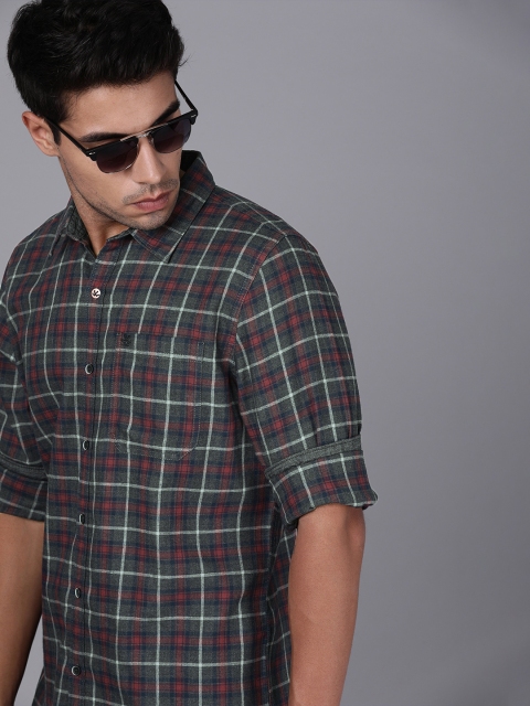 

WROGN Men Grey & Maroon Slim Fit Checked Casual Shirt
