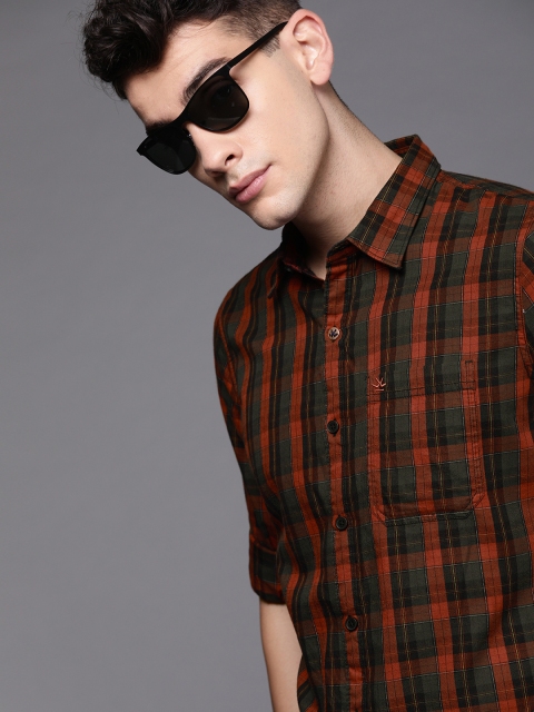 

WROGN Men Rust Orange & Green Slim Fit Checked Casual Shirt