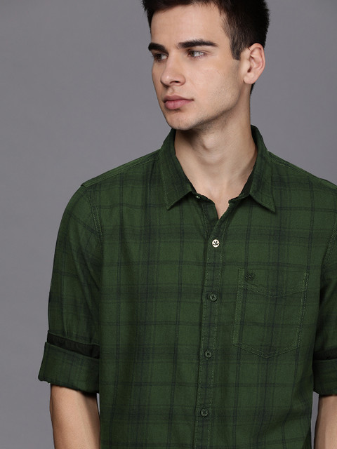 

WROGN Men Green & Navy Blue Slim Fit Checked Casual Shirt