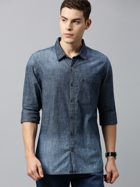 

WROGN Men Navy Blue Slim Fit Solid Chambray Casual Shirt