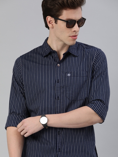 

WROGN Men Navy Blue & White Slim Fit Striped Casual Shirt