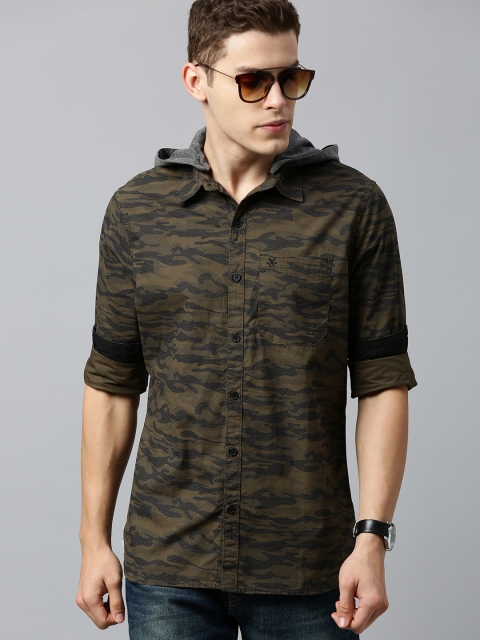 Men Olive Green & Black Slim Fit Camouflage Printed Casual Shirt