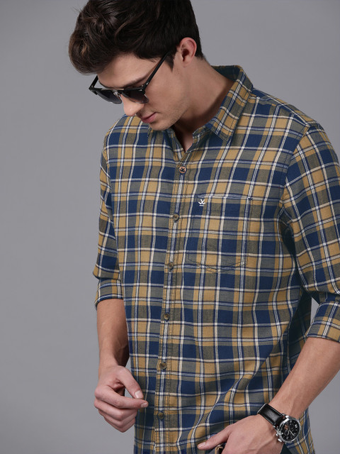 

WROGN Men Khaki & Blue Slim Fit Checked Casual Shirt