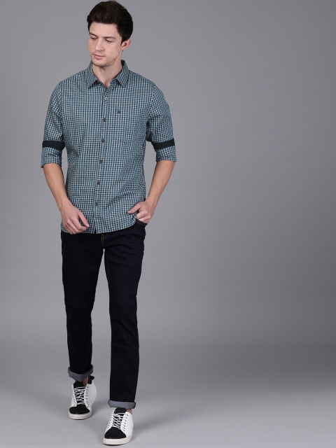 

WROGN Men Teal Blue & White Slim Fit Checked Casual Shirt