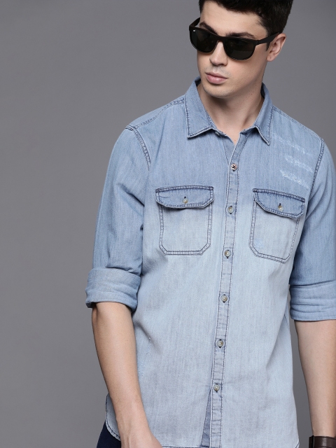 

WROGN Men Blue Slim Fit Faded Low Distress Casual Denim Shirt