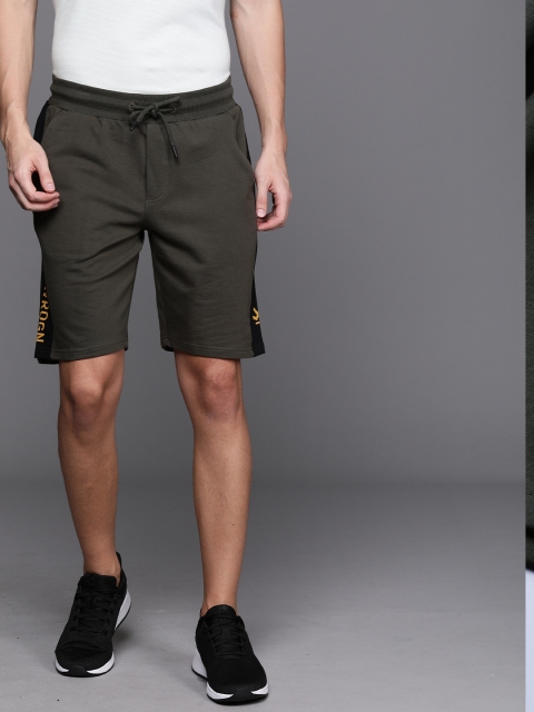 

WROGN Men Olive Green Solid Slim Fit Regular Shorts with Side Stripes