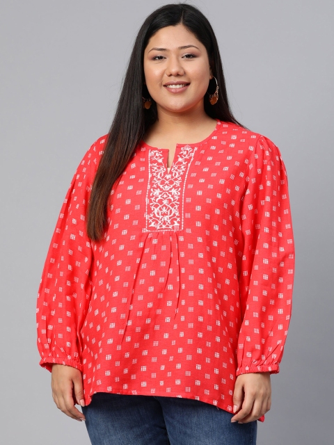 

Rangriti Women Coral Red and White Printed Top