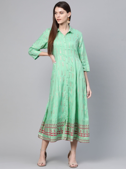 

Rangriti Women Green & Golden Printed Shirt Dress