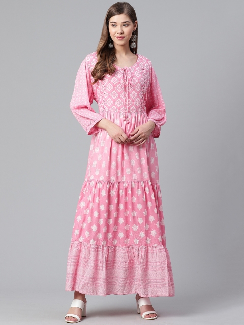 

Rangriti Women Pink & White Printed Tiered Maxi Dress