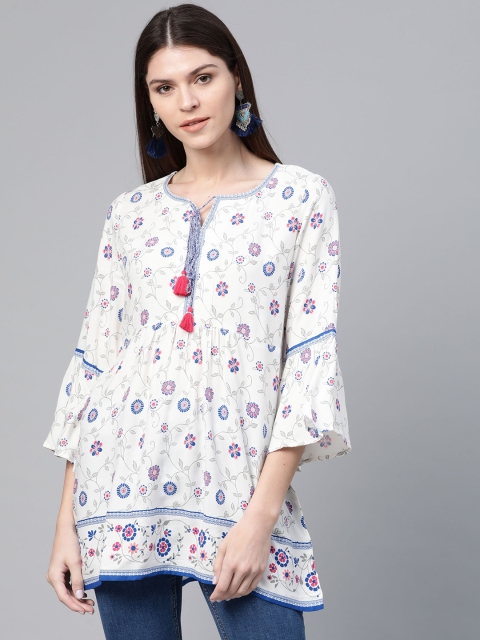 

Rangriti Women White & Blue Floral Printed A-Line Top