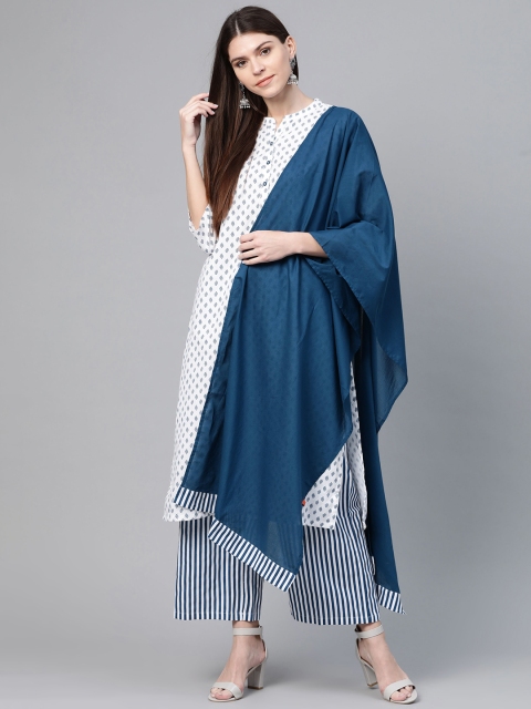 

Rangriti Women Blue & White Printed Kurta with Palazzos & Dupatta