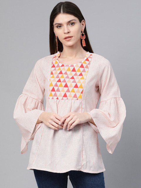 

Rangriti Women Peach-Coloured & Red Striped A-Line Top