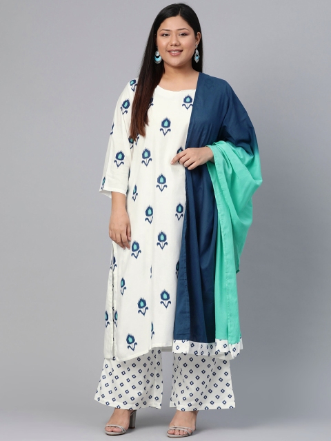 

Rangriti Women Off-White & Navy Blue Printed Kurta with Palazzos & Dupatta