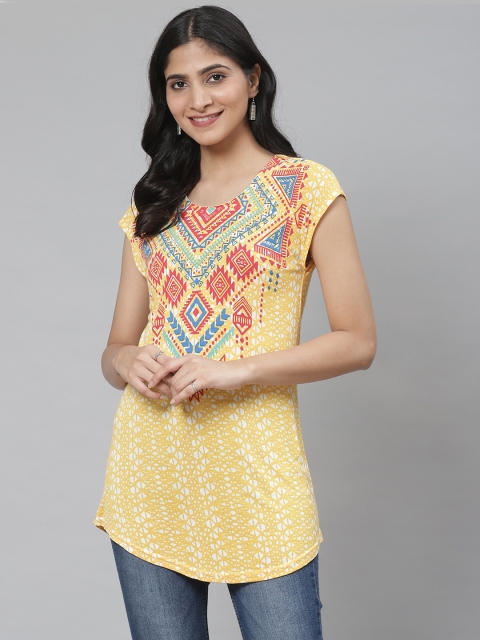 

Rangriti Women Yellow & Pink Curved Hem Printed Tunic