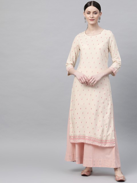 

Rangriti Women Cream-Coloured & Pink Foil Printed Straight Kurta