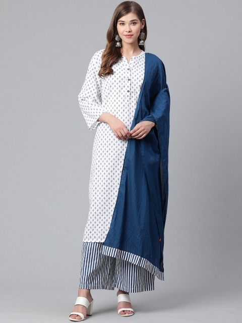 

Rangriti Women White & Navy Blue Printed Kurta with Palazzos & Dupatta