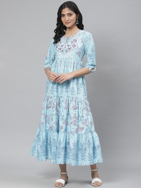 

Rangriti Women Blue & Pink Floral Printed Tiered Maxi Dress