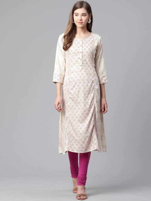 

Rangriti Women Off-White & Pink Printed A-Line Kurta