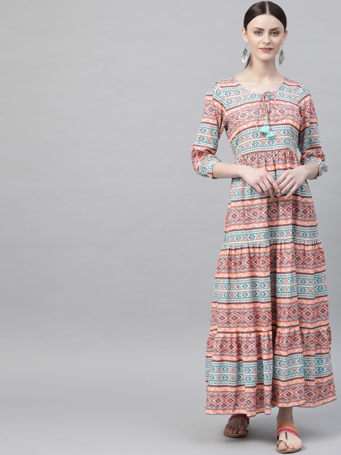 

Rangriti Women Blue & Pink Printed Tiered A-Line Dress