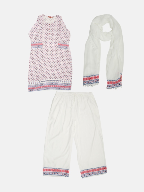 

Rangriti Women White and Pink Printed Kurta with Palazzos and Dupatta