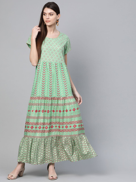 

Rangriti Women Green & Burgundy Tiered Printed Maxi Dress