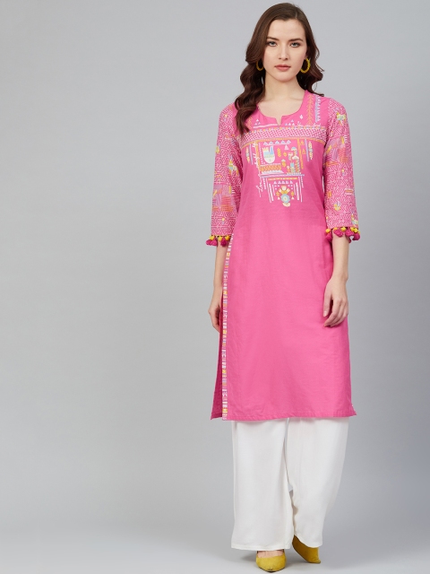 

Rangriti Women Pink Pure Cotton Geometric Print Yoke Design Straight Kurta