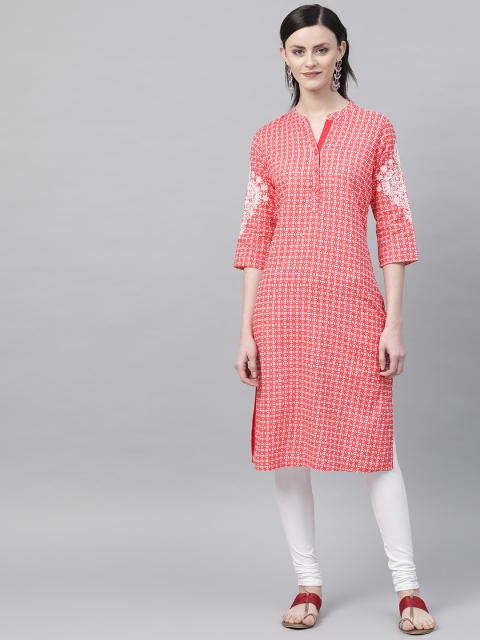 

Rangriti Women Coral Red & White Printed Straight Kurta