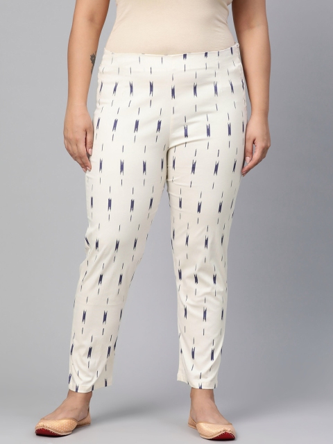

Rangriti Women Off-White & Navy Blue Slim Fit Printed Regular Trousers