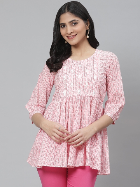 

Rangriti Women Pink & White Pure Cotton Printed A-Line Top